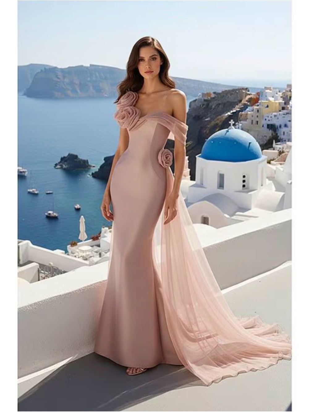 Terani Couture One-Shoulder Blush Pink Mermaid Gown with Rosette Detail